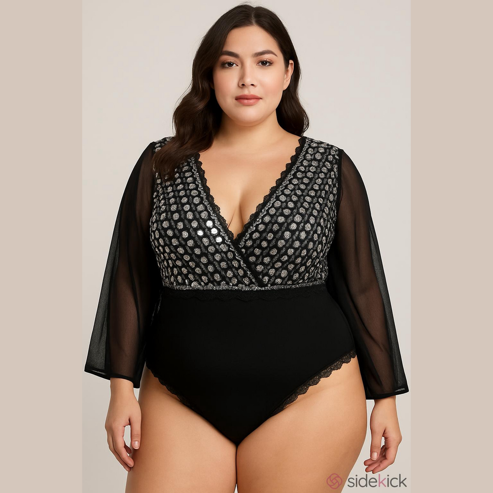 Lane Bryant Cacique:Sheer Black Long-Sleeve Mesh Bodysuit with Spot Lace Plunge